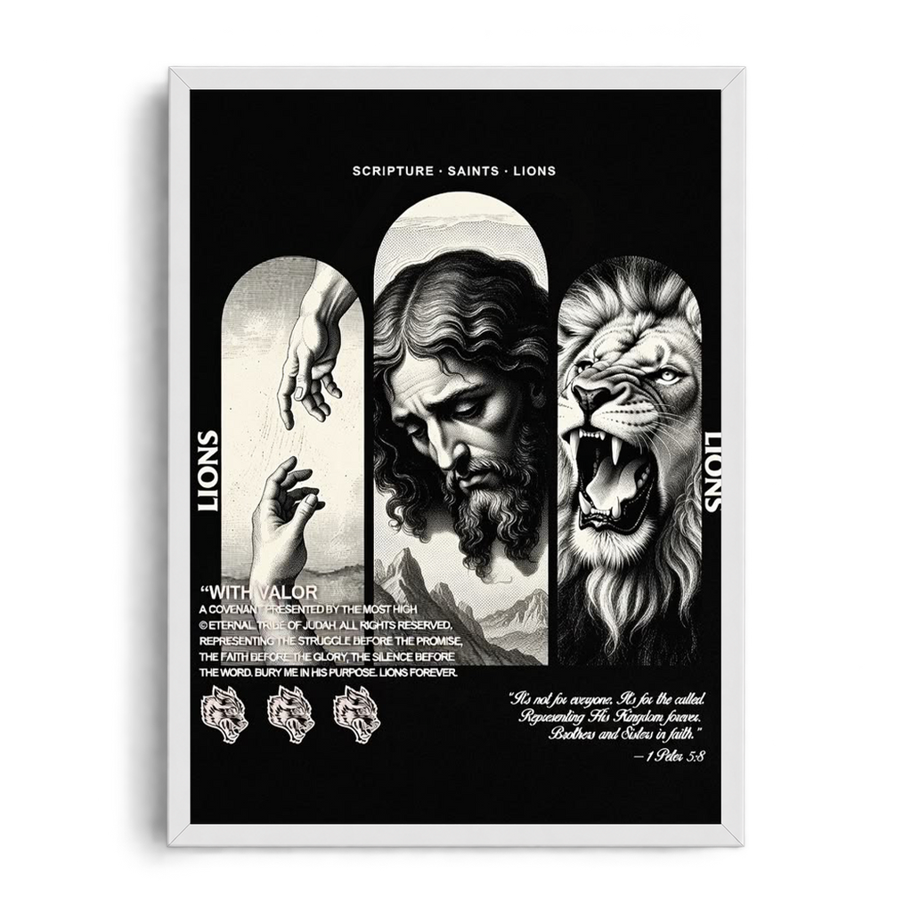 SCRIPTURE • SAINTS • LIONS" Triptych Editorial Framed Graphic Art Poster