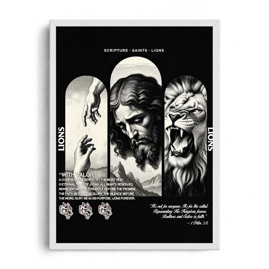 SCRIPTURE • SAINTS • LIONS" Triptych Editorial Framed Graphic Art Poster