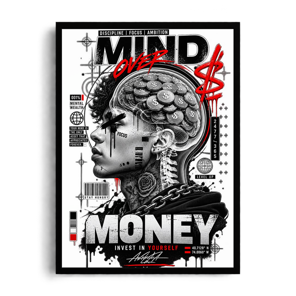 MIND OVER MONEY" Cyberpunk Hustle Framed Graphic Art Poster