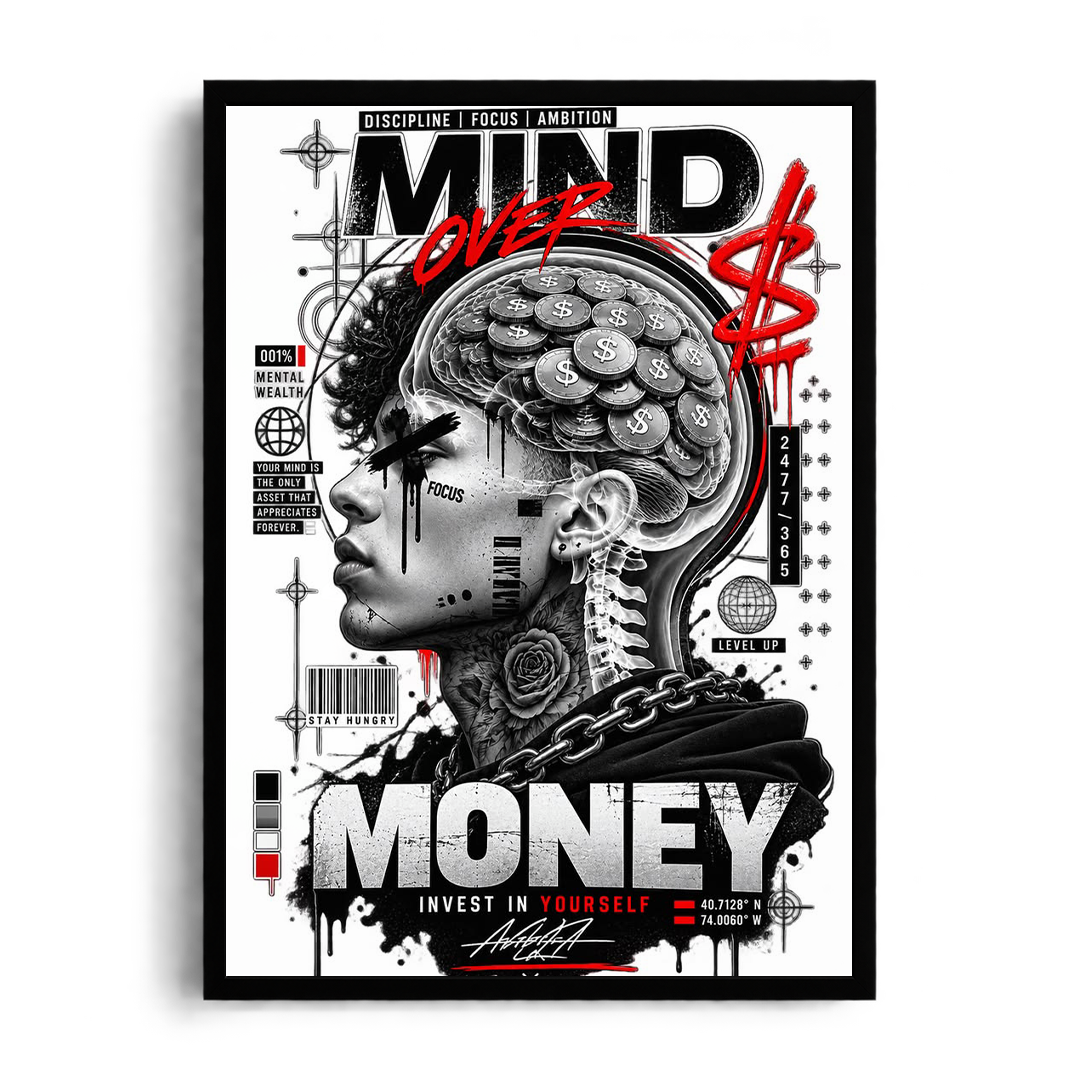 MIND OVER MONEY" Cyberpunk Hustle Framed Graphic Art Poster