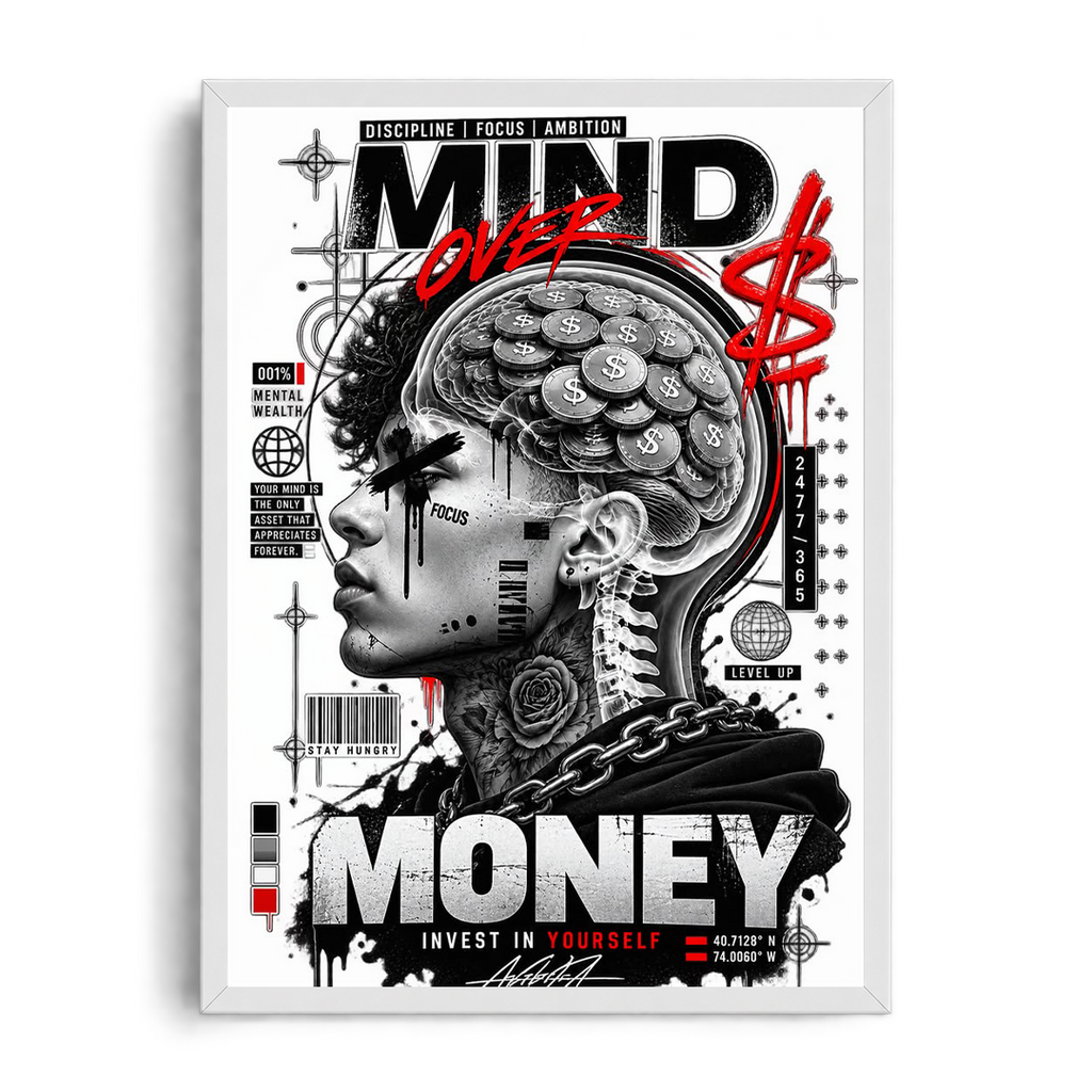 MIND OVER MONEY" Cyberpunk Hustle Framed Graphic Art Poster