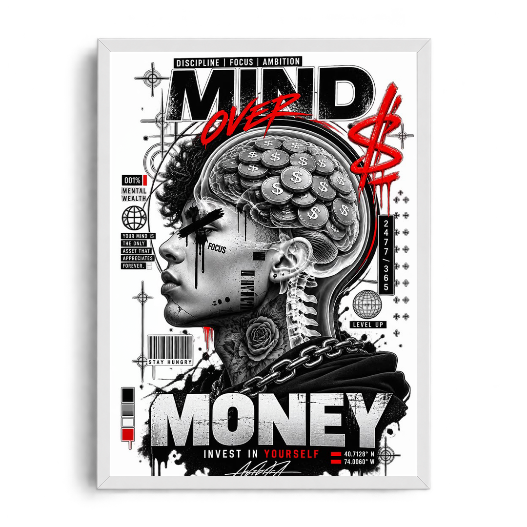 MIND OVER MONEY" Cyberpunk Hustle Framed Graphic Art Poster