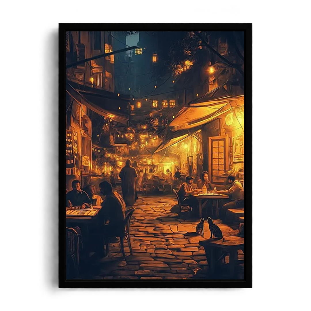 صورة مؤطرة لمشهد مقهى ليلي شرقي