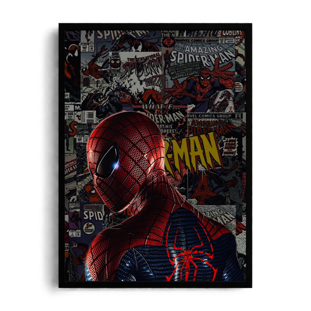 ملصقة وملف شخصي من مجلات سبايدر مان المصورة الكلاسيكية في إطار
