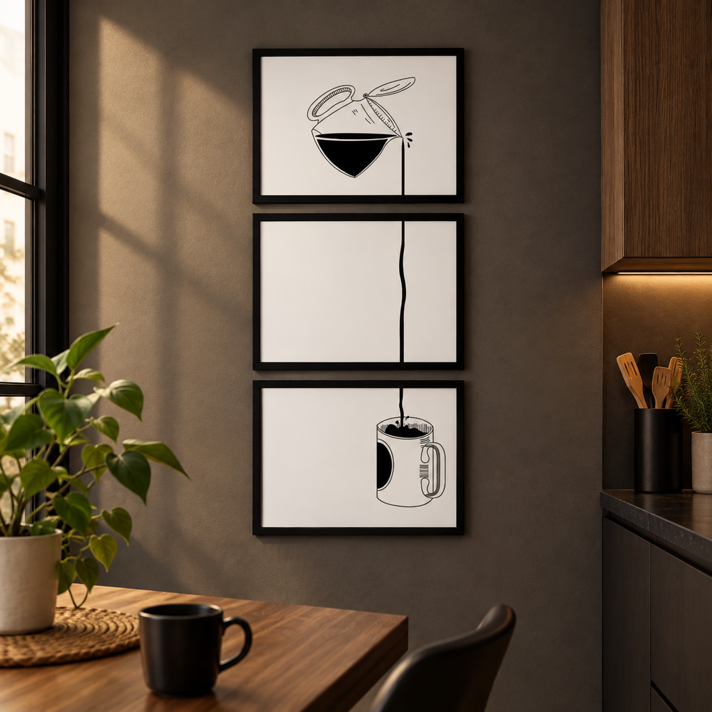 Continuous Pour" Minimalist Coffee Line Art Vertical Triptych 3-Piece Kitchen Gallery Wall Set