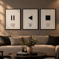 Pause Play Stop" Minimalist Media Symbols 3-Piece Motivational Gallery Wall Art Set