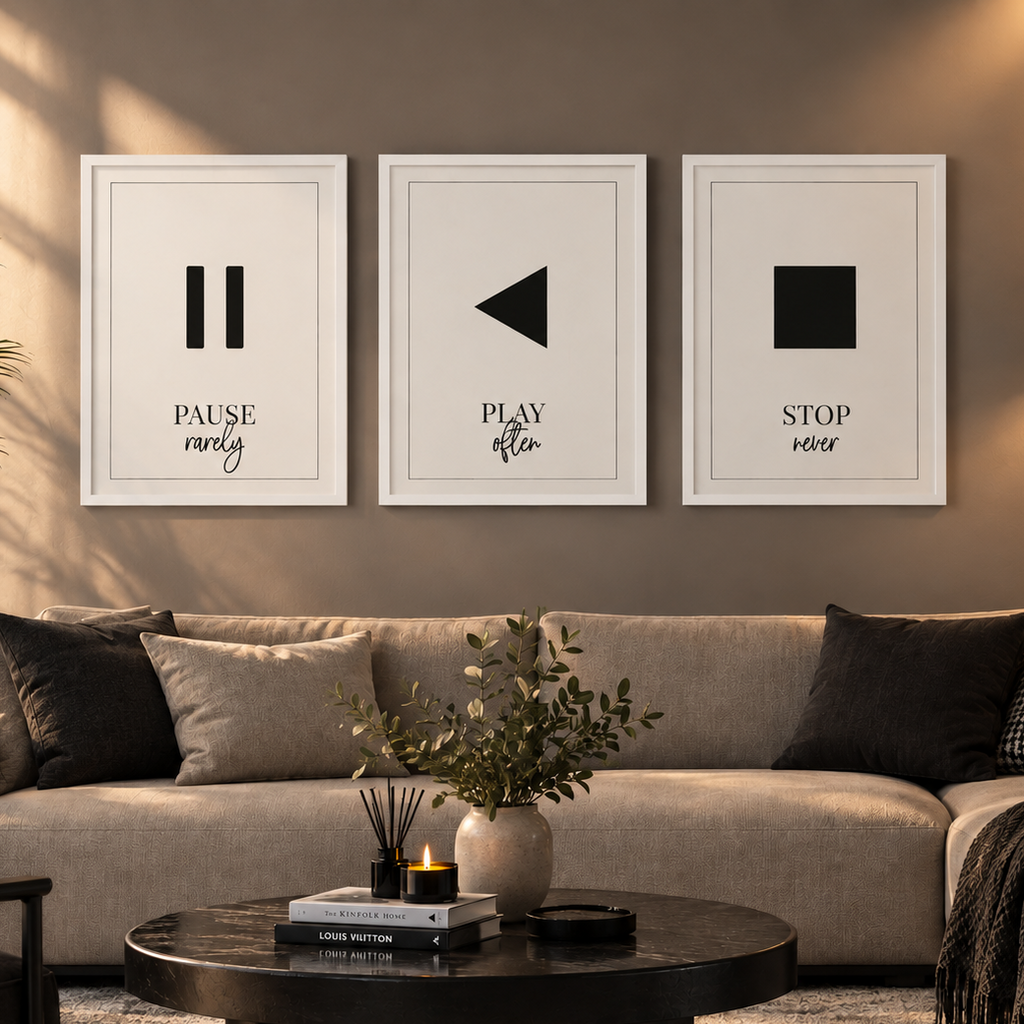 Pause Play Stop" Minimalist Media Symbols 3-Piece Motivational Gallery Wall Art Set