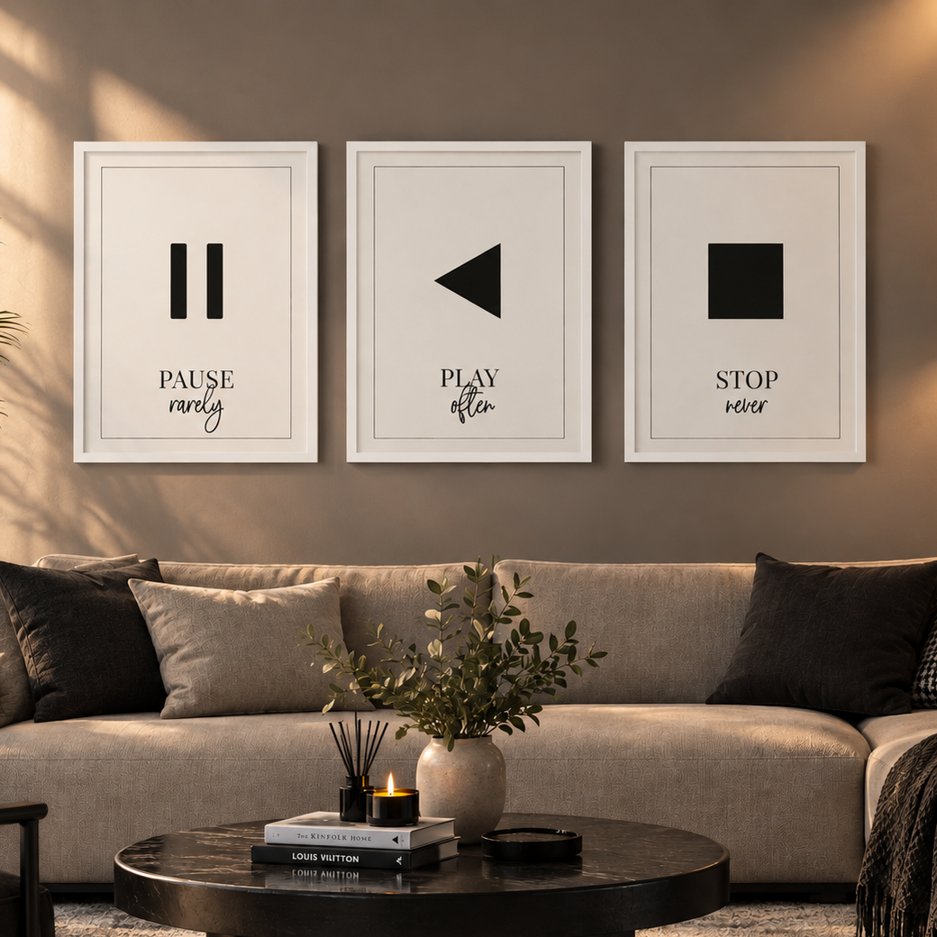 Pause Play Stop" Minimalist Media Symbols 3-Piece Motivational Gallery Wall Art Set