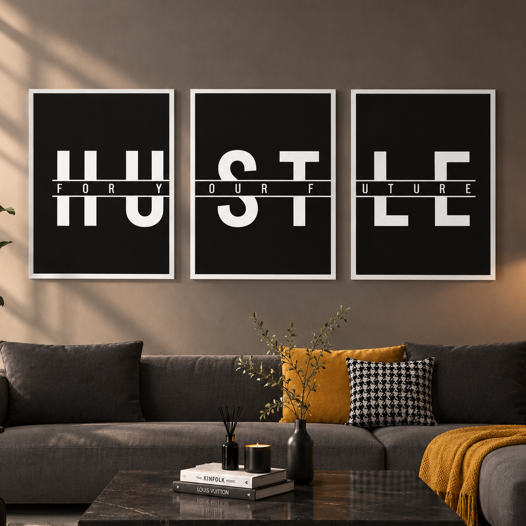 HUSTLE For Your Future" Modern Minimalist Typographic Triptych 3-Piece Gallery Wall Art Set