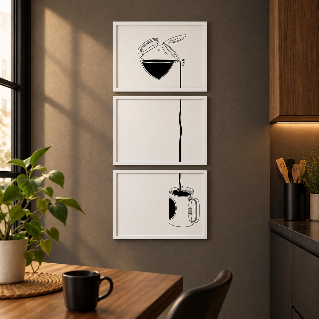 Continuous Pour" Minimalist Coffee Line Art Vertical Triptych 3-Piece Kitchen Gallery Wall Set