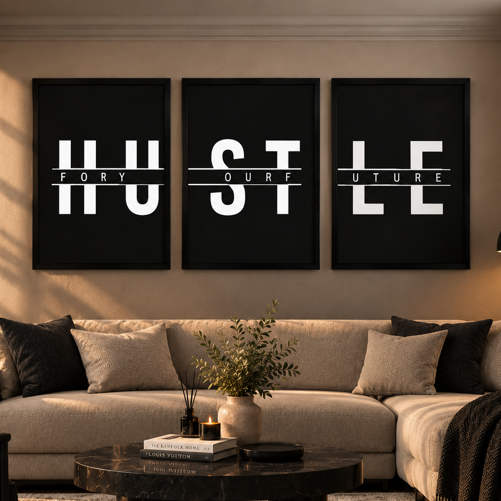 HUSTLE For Your Future" Modern Minimalist Typographic Triptych 3-Piece Gallery Wall Art Set