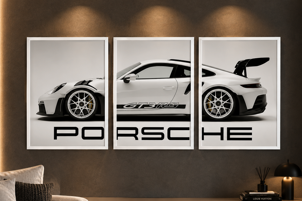 Porsche 911 GT3 RS Studio White" Minimalist Triptych 3-Piece Automotive Gallery Wall Art Set