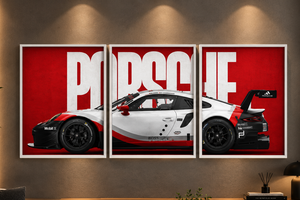 Porsche 911 RSR Motorsport" Red & White Block Typography Triptych 3-Piece Automotive Gallery Wall Art Set