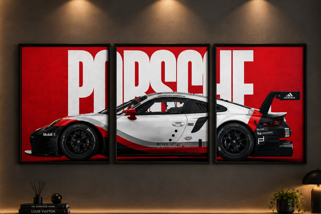 Porsche 911 RSR Motorsport" Red & White Block Typography Triptych 3-Piece Automotive Gallery Wall Art Set