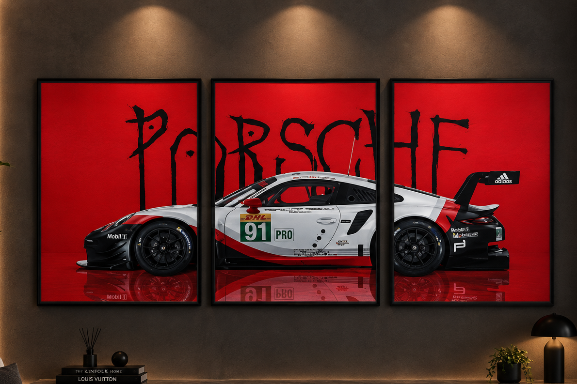 Porsche 911 RSR Motorsport" Crimson Ink Triptych 3-Piece Automotive Gallery Wall Art Set
