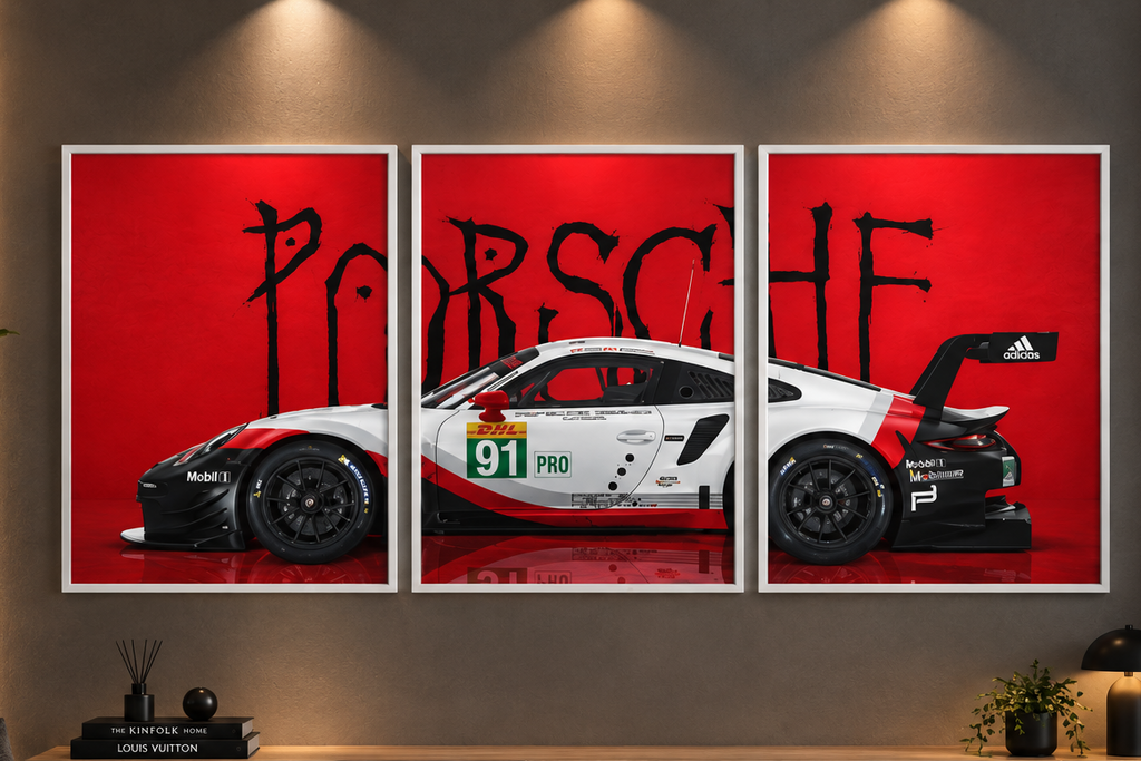 Porsche 911 RSR Motorsport" Crimson Ink Triptych 3-Piece Automotive Gallery Wall Art Set