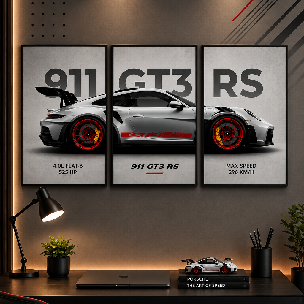 Porsche 911 GT3 RS Tech Specs" Silver & Red Triptych 3-Piece Automotive Gallery Wall Art Set