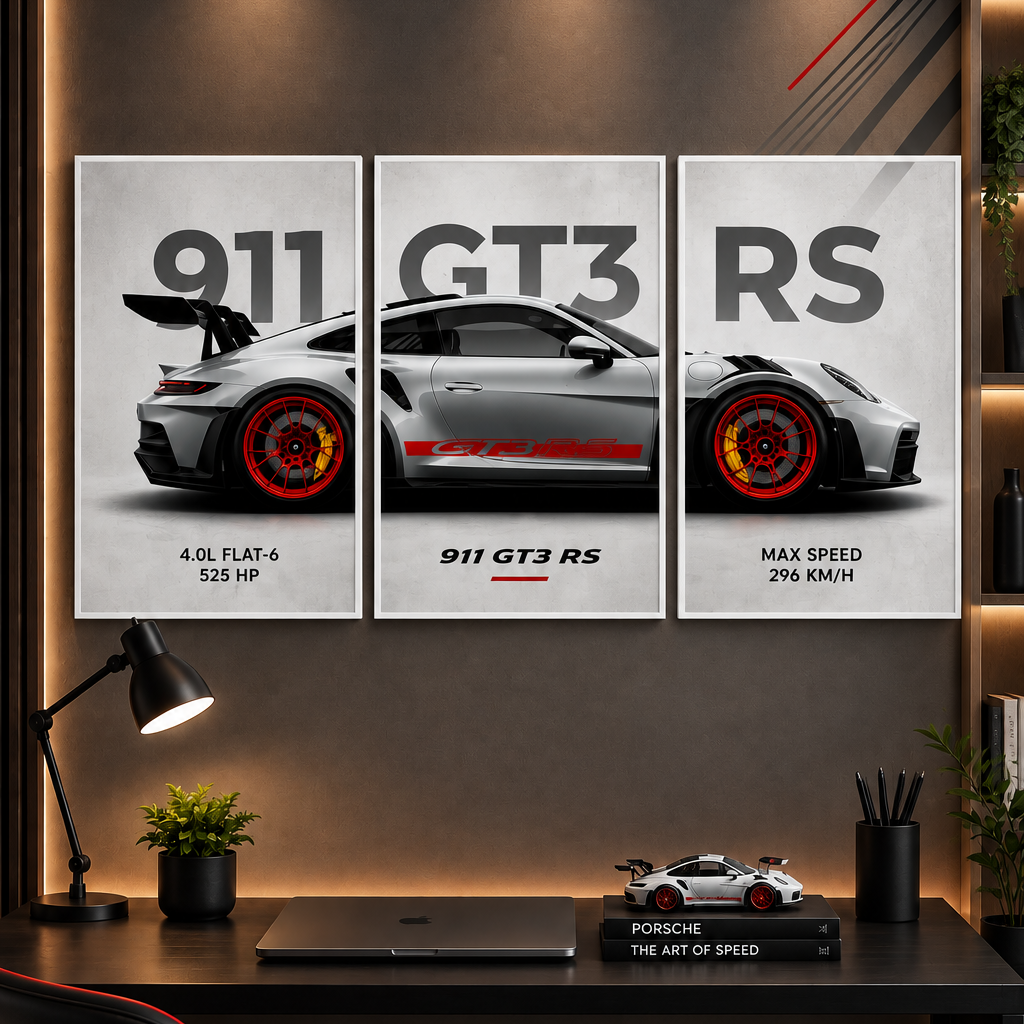 Porsche 911 GT3 RS Tech Specs" Silver & Red Triptych 3-Piece Automotive Gallery Wall Art Set