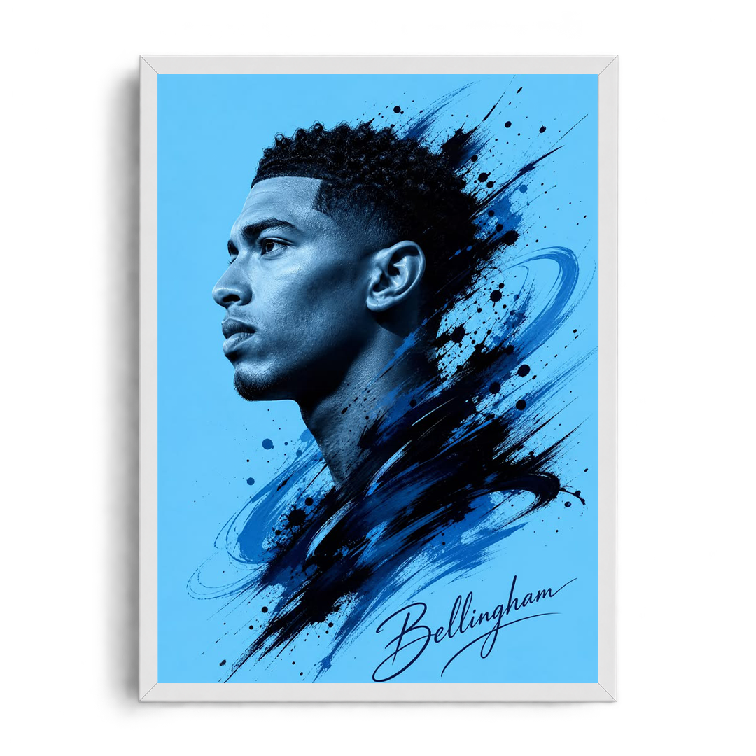Jude Bellingham Blue Splash & Dynamic Silhouette Framed Art