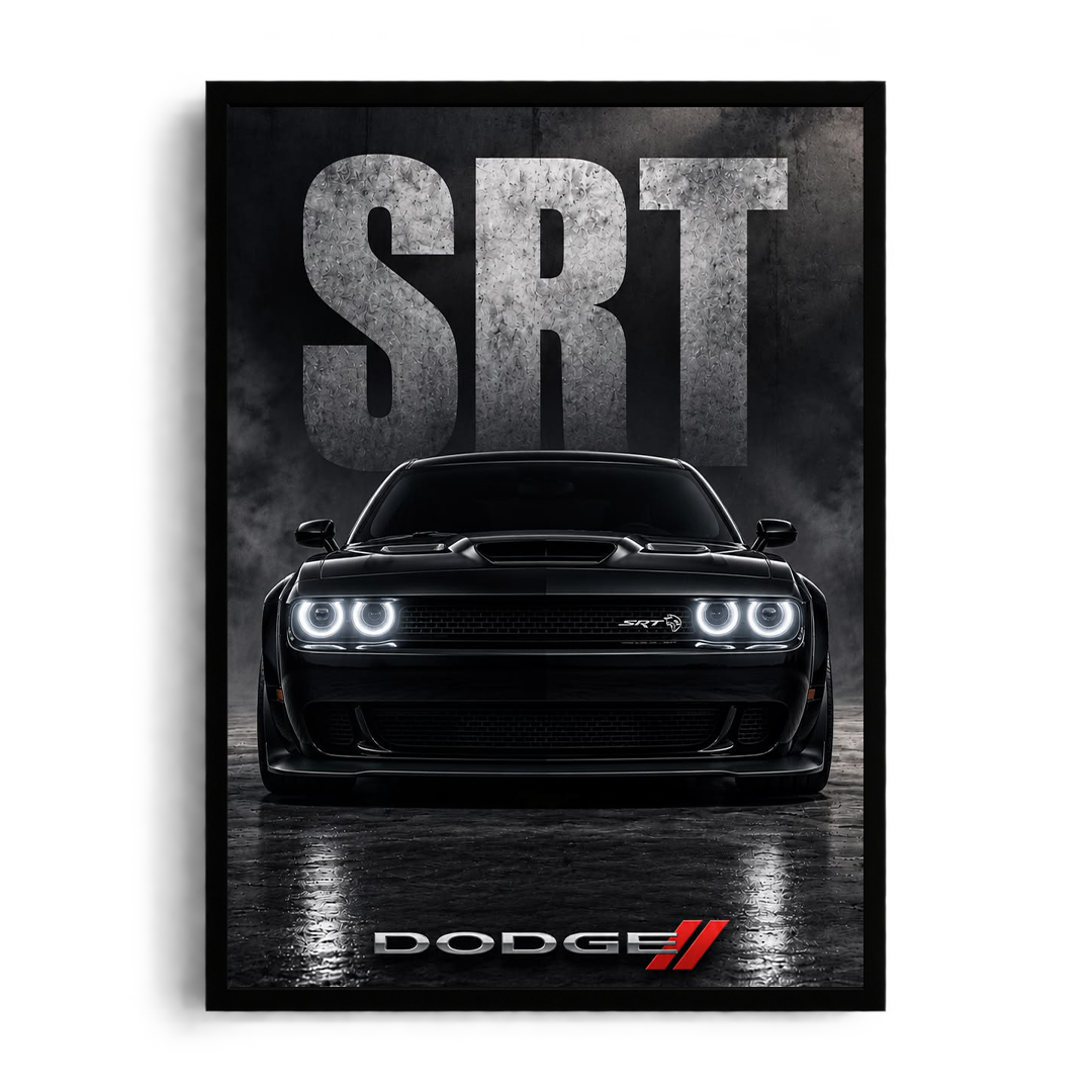 Dodge Challenger SRT Hellcat 'Dark Horse' Monochromatic Automotive Framed Graphic Art Poster