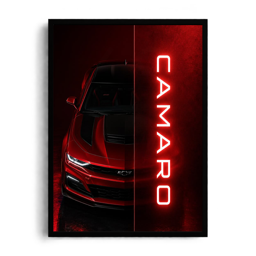 Chevrolet Camaro Red Neon Split Minimalist Framed Art