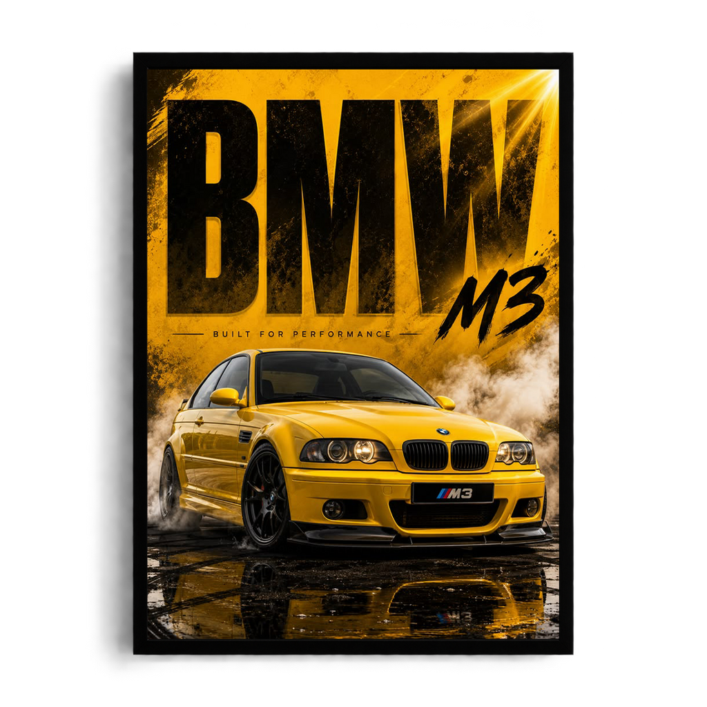 BMW M3 E46 'Built for Performance' Phoenix Yellow Automotive Framed Graphic Art Poster