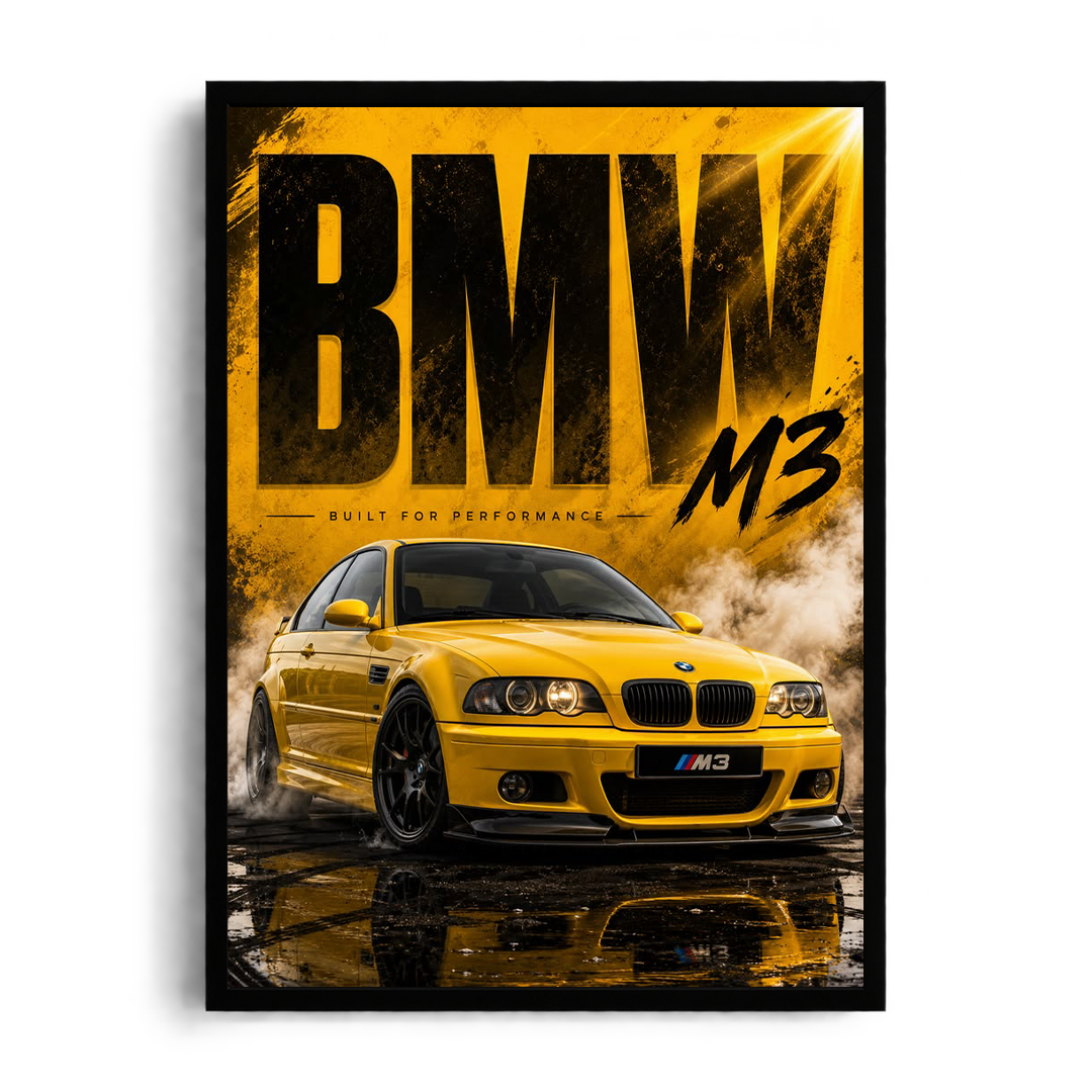 BMW M3 E46 'Built for Performance' Phoenix Yellow Automotive Framed Graphic Art Poster