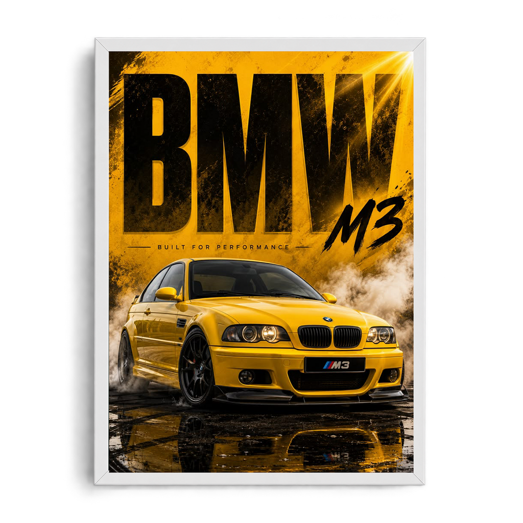 BMW M3 E46 'Built for Performance' Phoenix Yellow Automotive Framed Graphic Art Poster