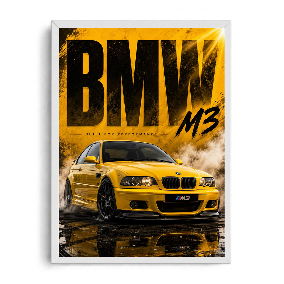 BMW M3 E46 'Built for Performance' Phoenix Yellow Automotive Framed Graphic Art Poster