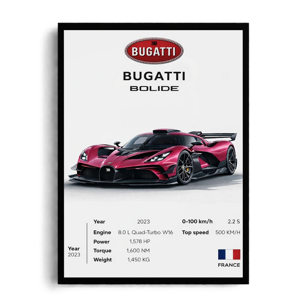 Bugatti Bolide 'Magenta Metallic' Minimalist Technical Spec Framed Graphic Art Poster