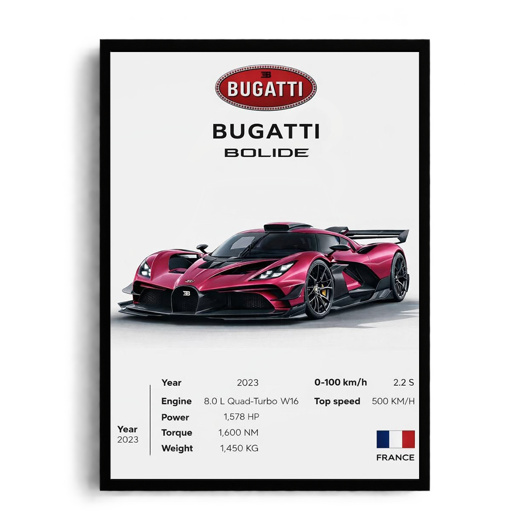 Bugatti Bolide 'Magenta Metallic' Minimalist Technical Spec Framed Graphic Art Poster