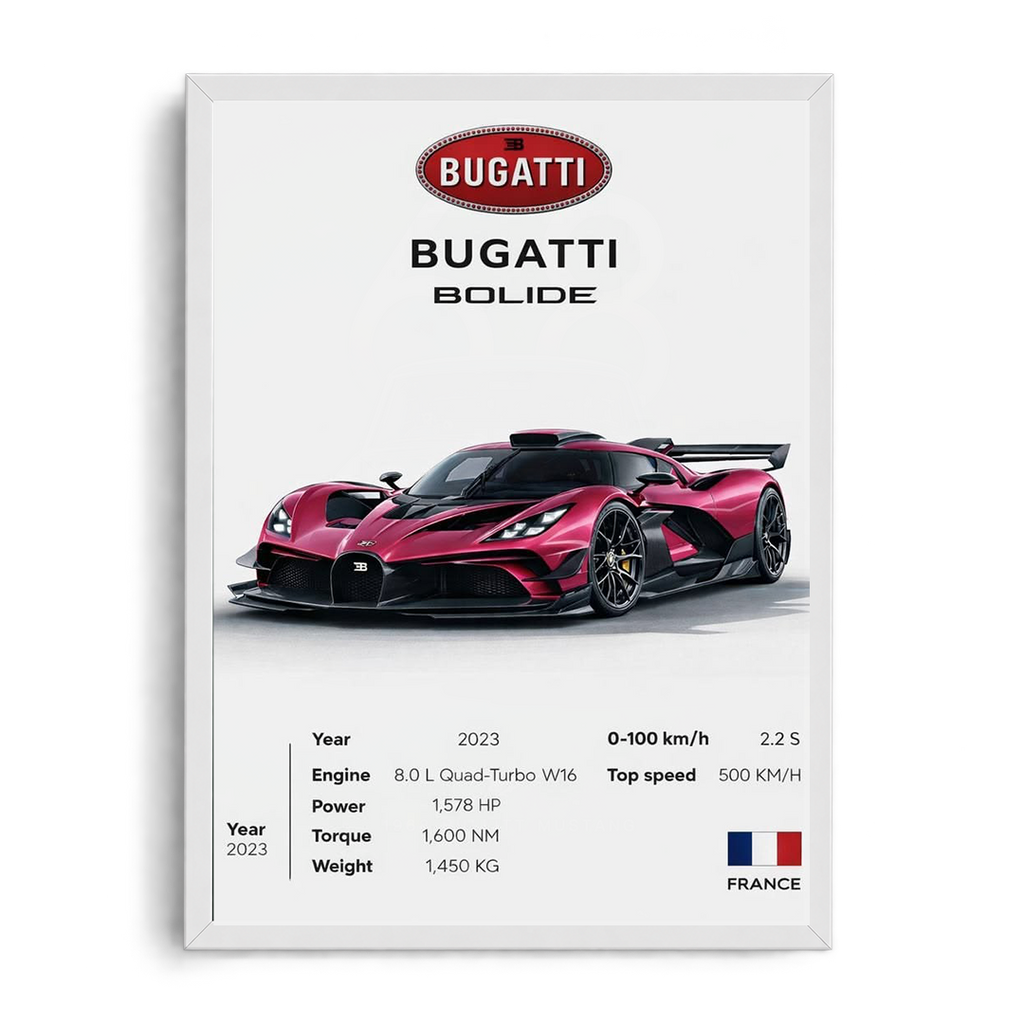 Bugatti Bolide 'Magenta Metallic' Minimalist Technical Spec Framed Graphic Art Poster