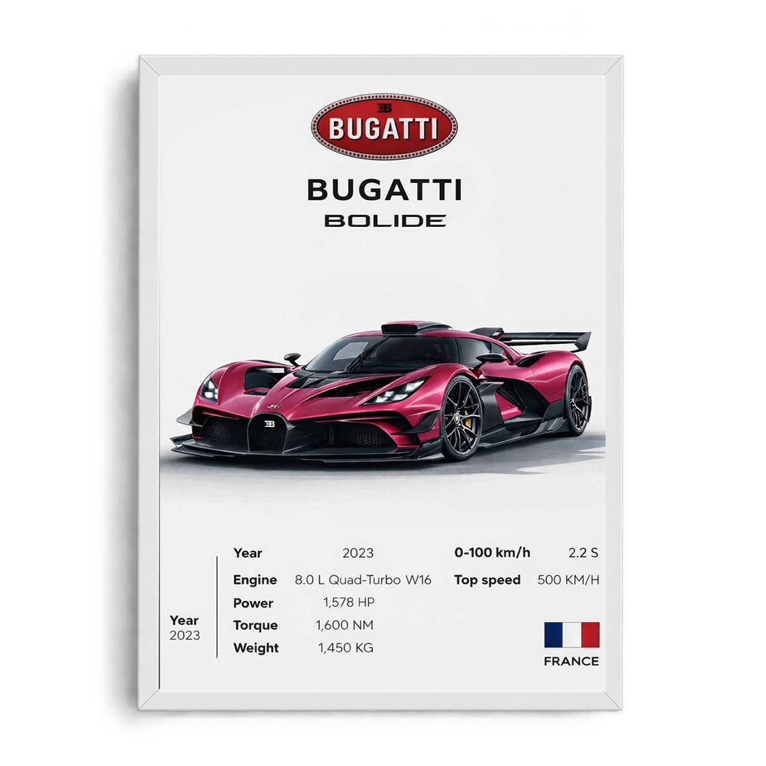 Bugatti Bolide 'Magenta Metallic' Minimalist Technical Spec Framed Graphic Art Poster