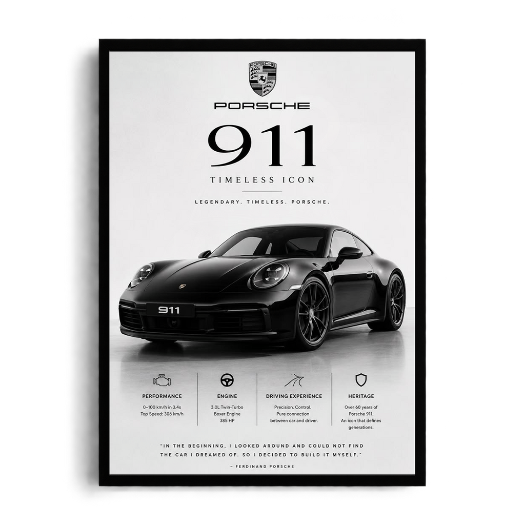 بورش 911 أيقونة خالدة - عمل فني مؤطر بسيط أبيض وأسود