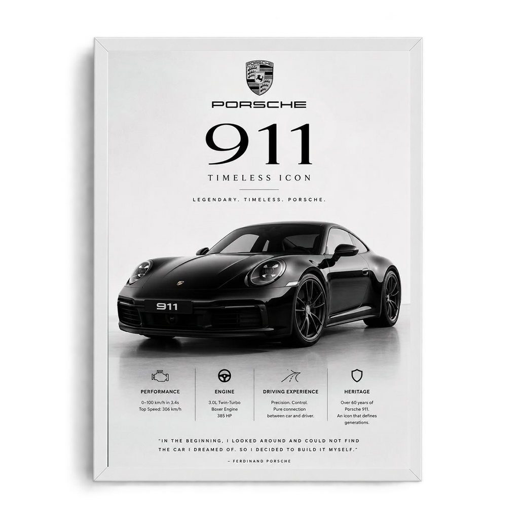 بورش 911 أيقونة خالدة - عمل فني مؤطر بسيط أبيض وأسود