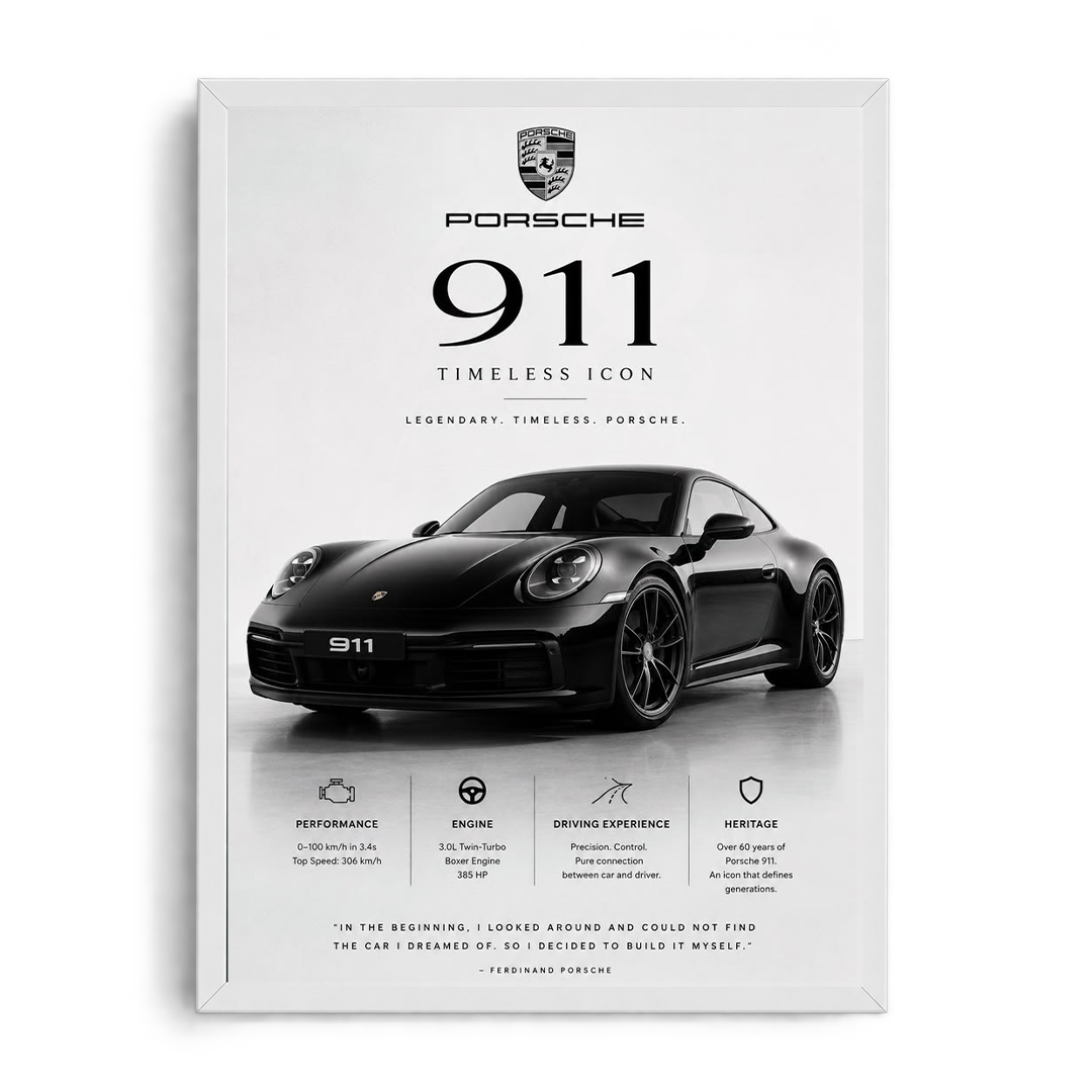 Porsche 911 Timeless Icon Minimalist Black & White Framed Art