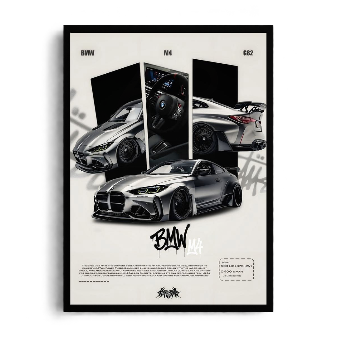 BMW M4 G82 'Performance Tech' Street Editorial Framed Graphic Art Poster