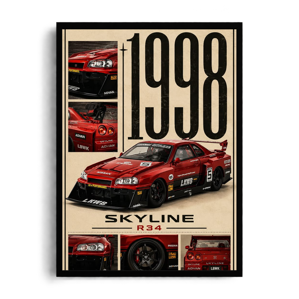 1998 Nissan Skyline R34 Liberty Walk Vintage Grid Framed Poster