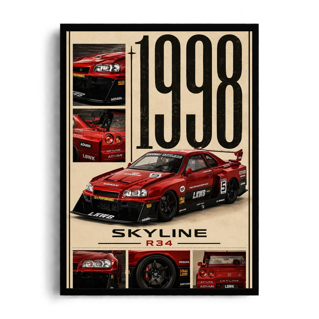 1998 Nissan Skyline R34 Liberty Walk Vintage Grid Framed Poster