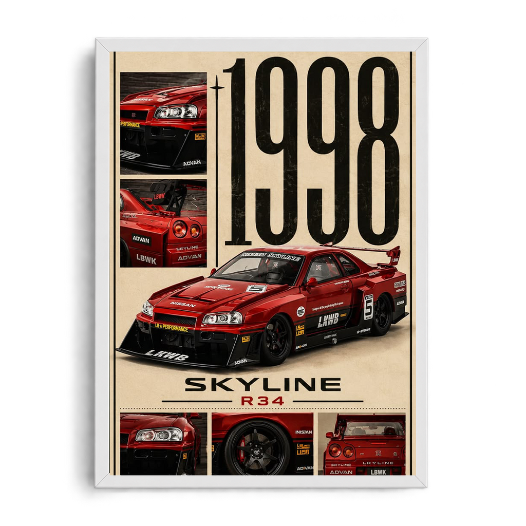 1998 Nissan Skyline R34 Liberty Walk Vintage Grid Framed Poster