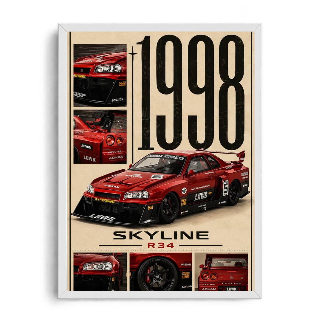 1998 Nissan Skyline R34 Liberty Walk Vintage Grid Framed Poster