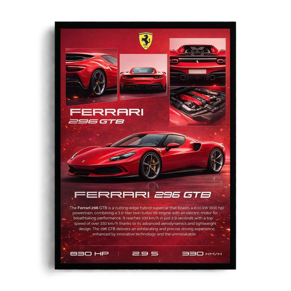 Ferrari 296 GTB Hybrid Supercar Red Framed Art