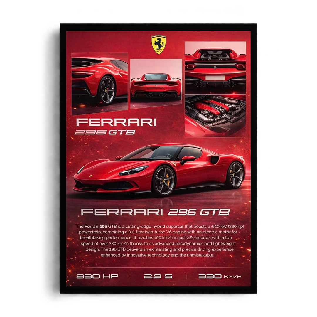 Ferrari 296 GTB Hybrid Supercar Red Framed Art