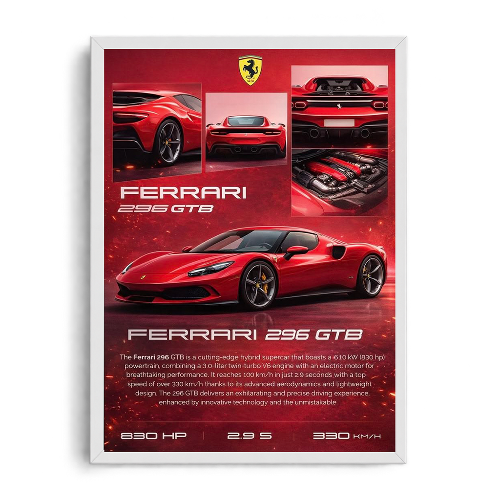 Ferrari 296 GTB Hybrid Supercar Red Framed Art