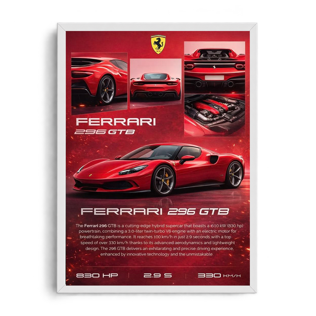 Ferrari 296 GTB Hybrid Supercar Red Framed Art