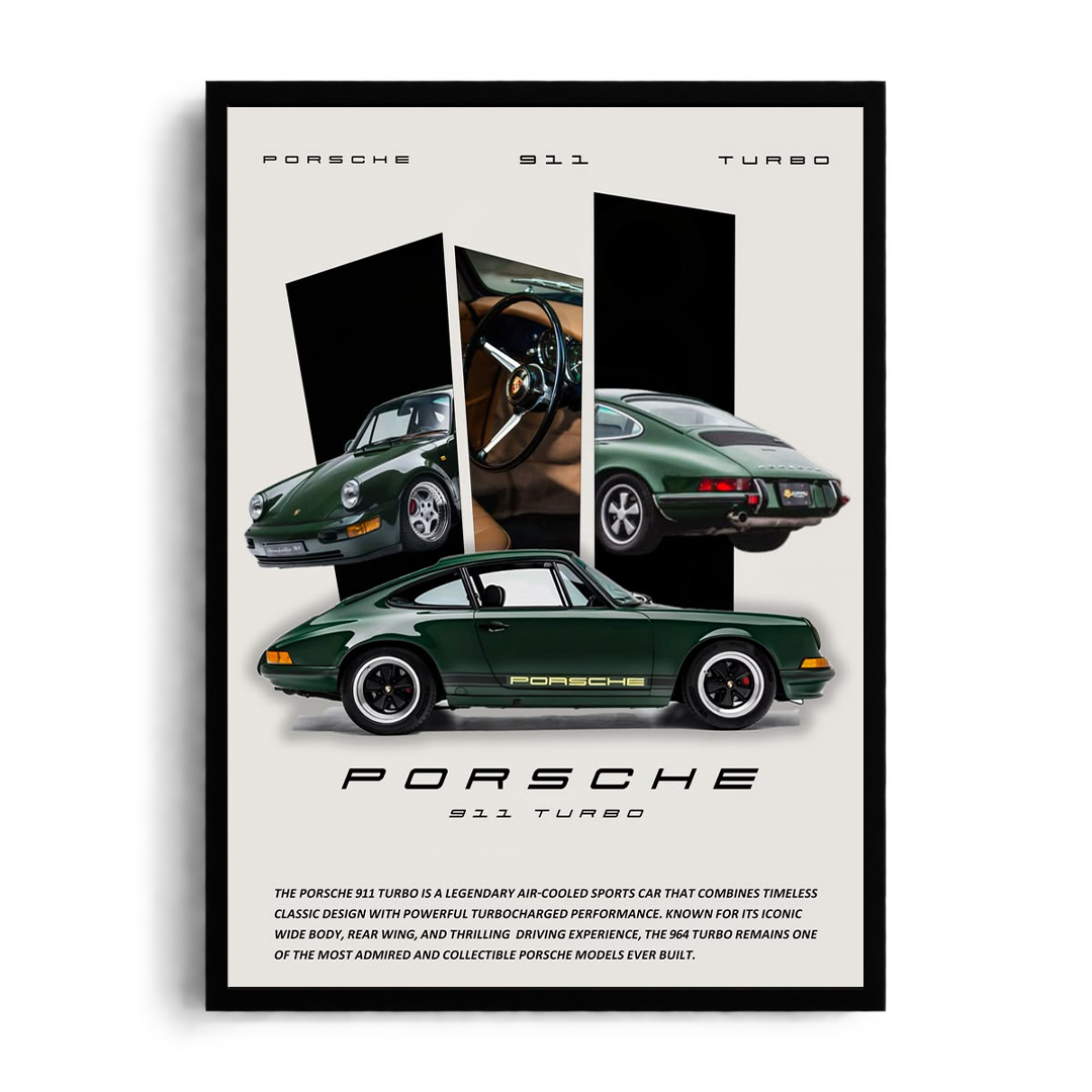 Porsche 911 Turbo 'Classic Air-Cooled Heritage' Deep Green Vintage Automotive Framed Graphic Art Poster