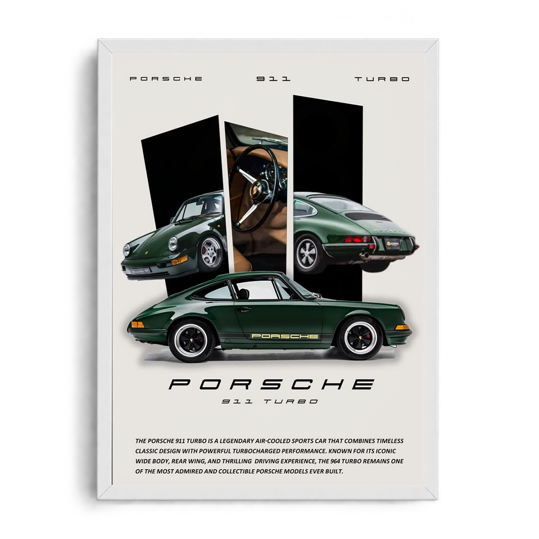 Porsche 911 Turbo 'Classic Air-Cooled Heritage' Deep Green Vintage Automotive Framed Graphic Art Poster
