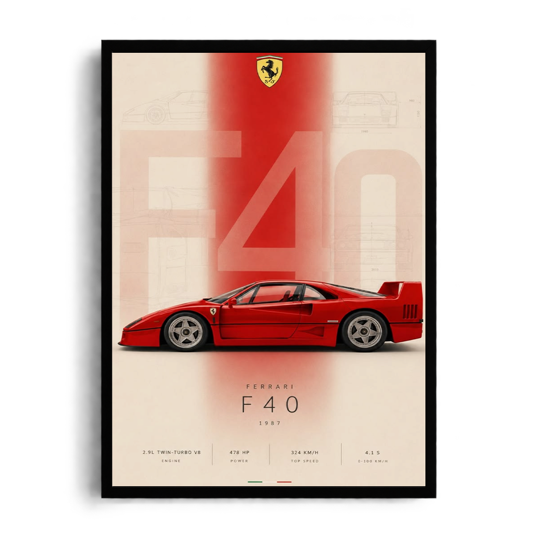 1987 Ferrari F40 Vintage Blueprint & Supercar Framed Art