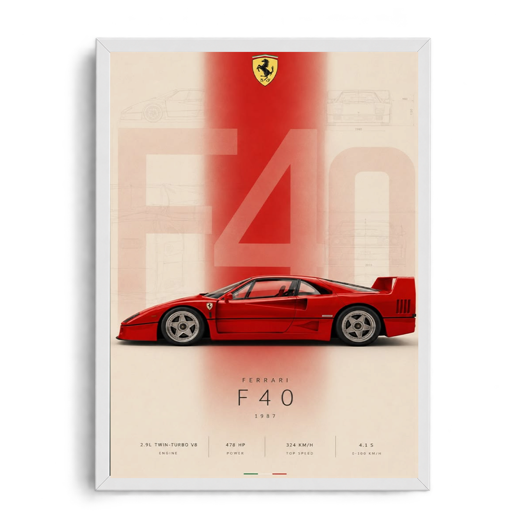 1987 Ferrari F40 Vintage Blueprint & Supercar Framed Art