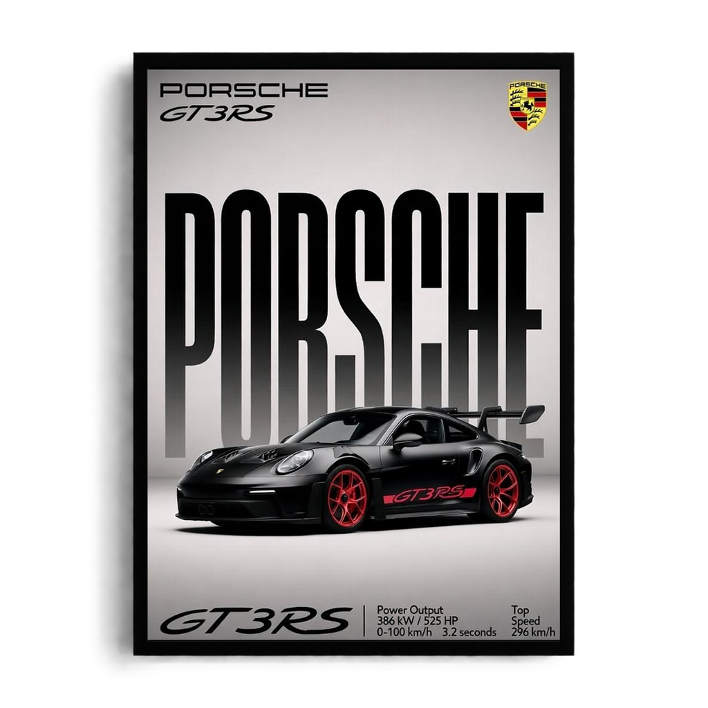 Porsche 911 GT3 RS 'Stealth Performance' Black & Red Technical Spec Framed Graphic Art Poster